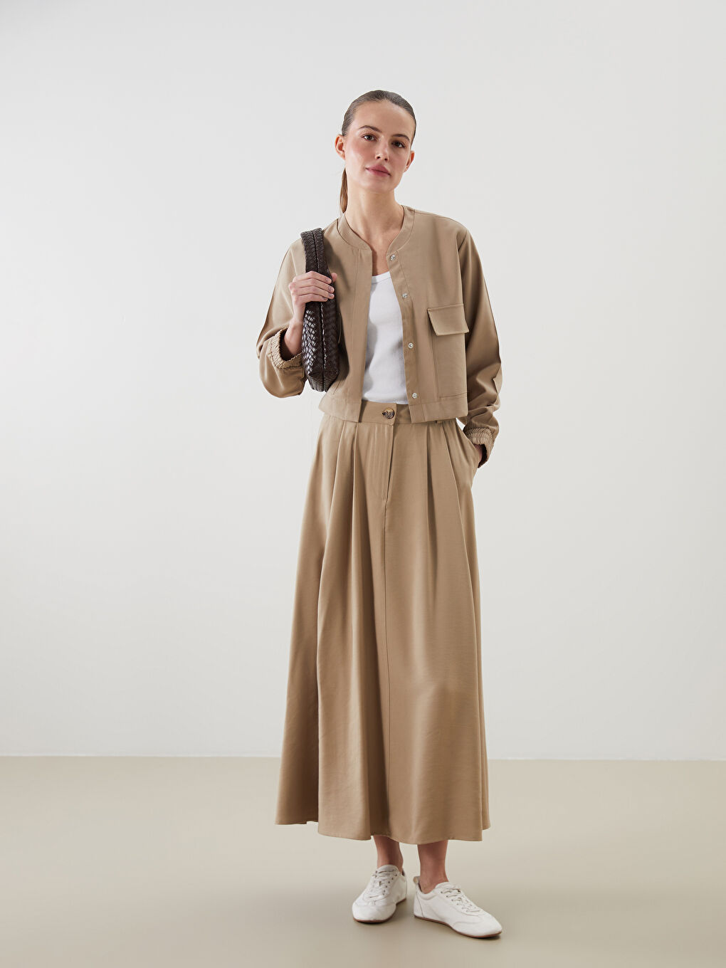 Bej Poplin Kadın Etek