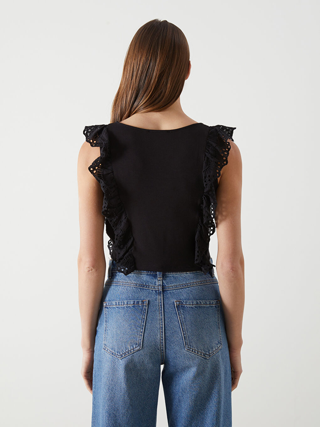 Square Collar Openwork Camisole Broderie Frilled Women's T-Shirt-3