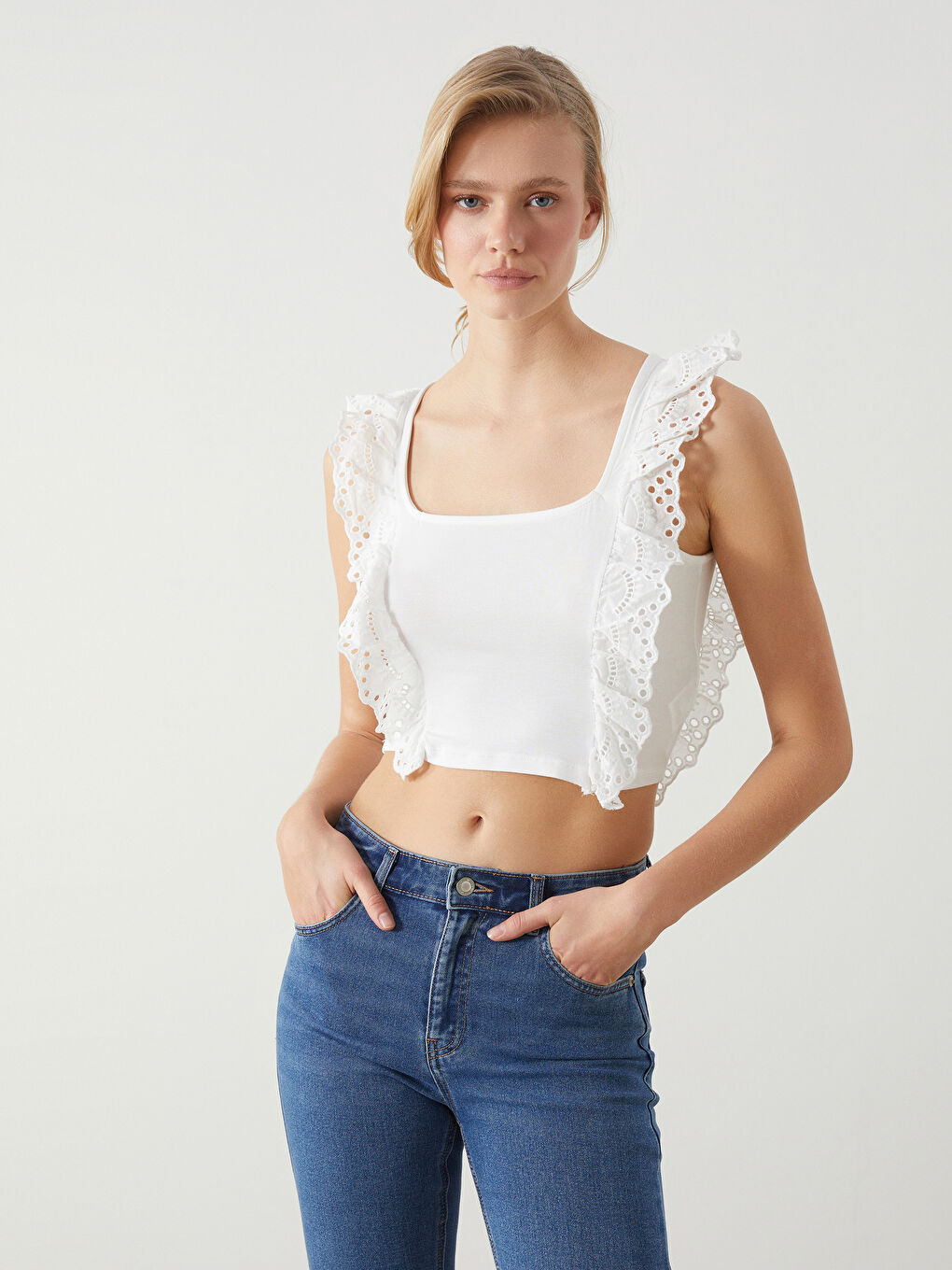 LCW ECO Square Neck Lace Crop Women's Blouse -S5IJ19Z8-R9J