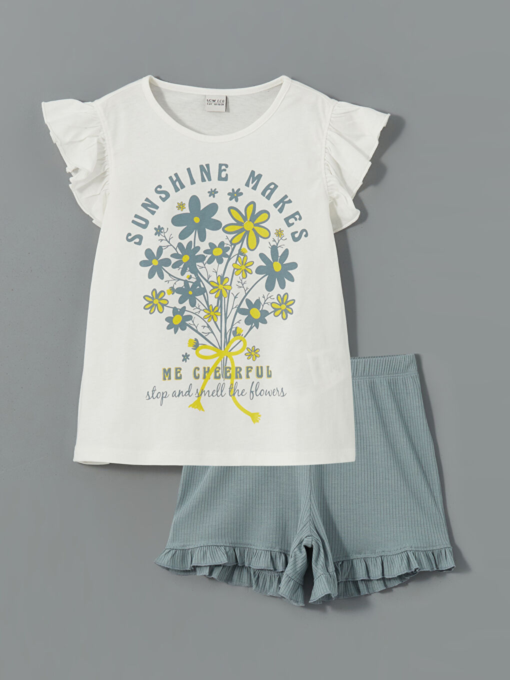 Turkuaz Bisiklet Yaka Baskılı Kız Çocuk Tişört ve Şort