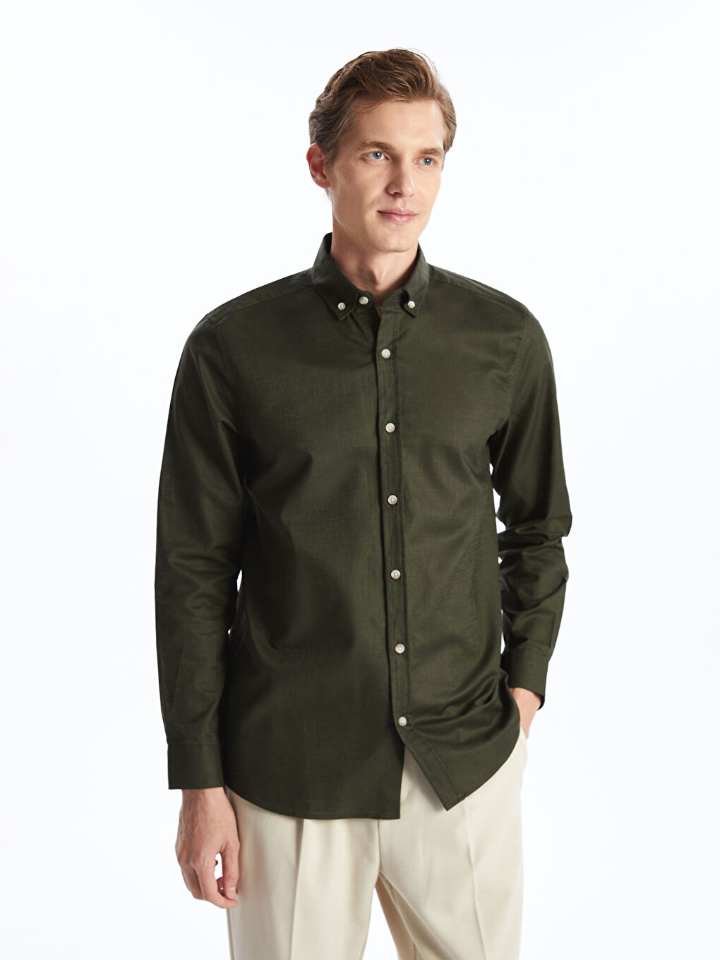 Haki Slim Fit Uzun Kollu Keten Karışımlı Erkek Gömlek