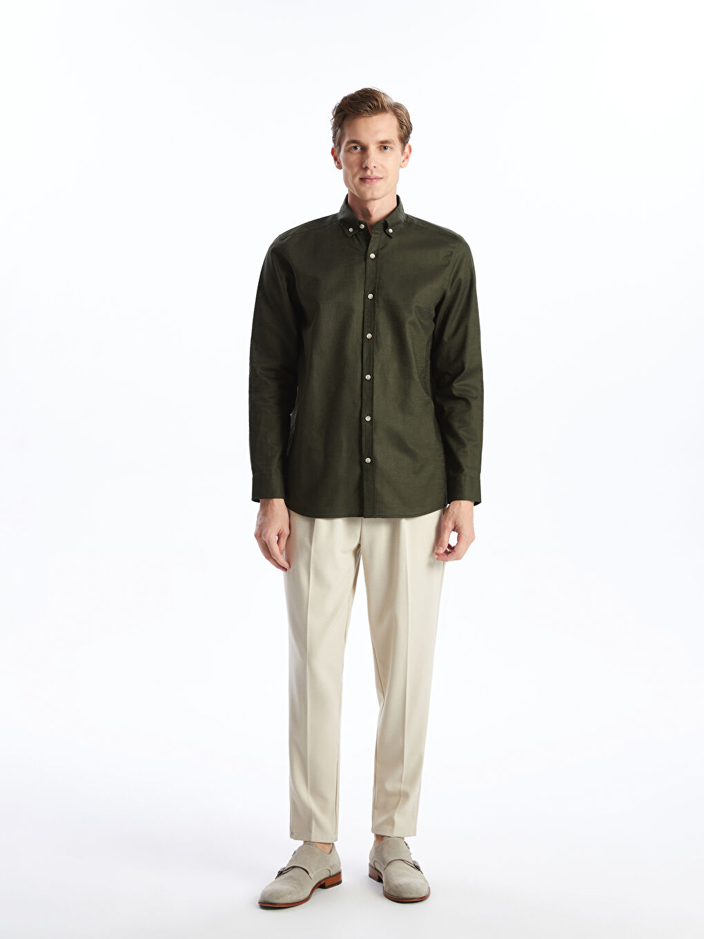 Haki Slim Fit Uzun Kollu Keten Karışımlı Erkek Gömlek-1