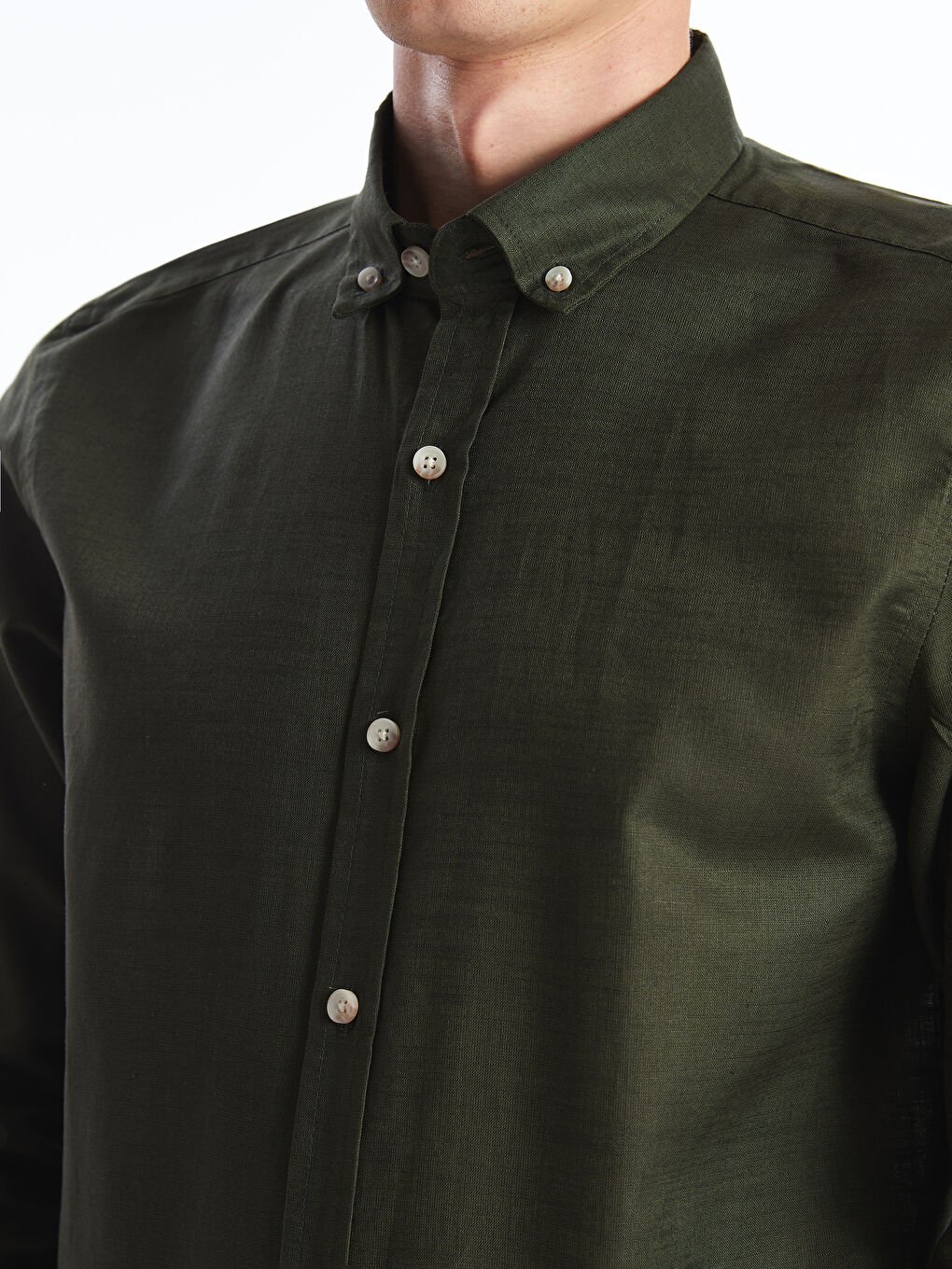 Haki Slim Fit Uzun Kollu Keten Karışımlı Erkek Gömlek-2