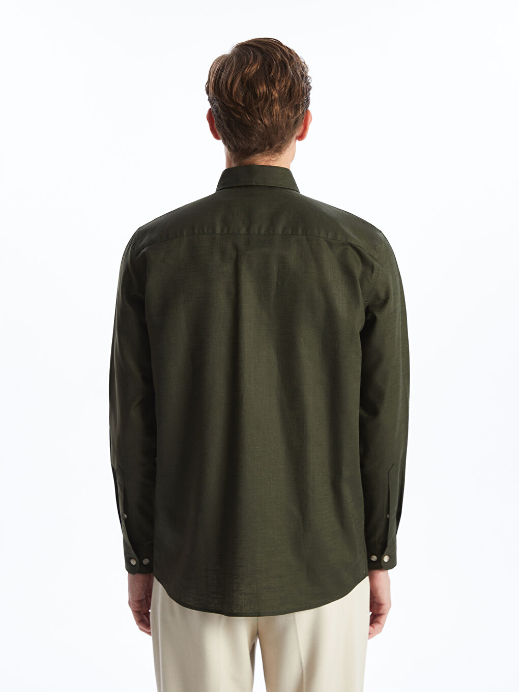 Haki Slim Fit Uzun Kollu Keten Karışımlı Erkek Gömlek-3