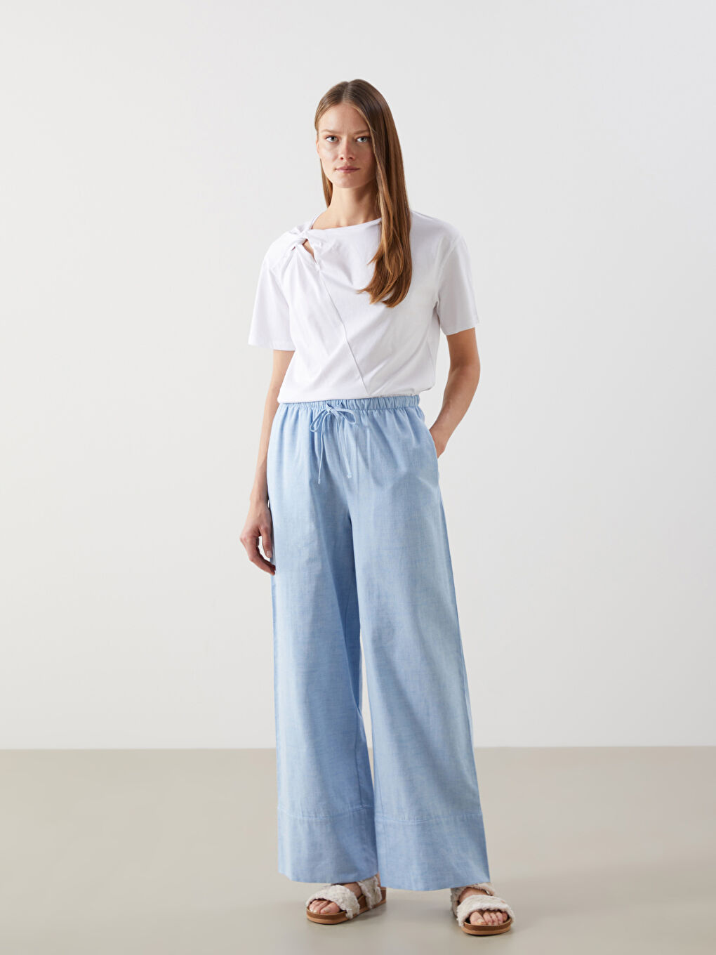 Mavi Beli Lastikli Keten Karışımlı Kadın Pantolon