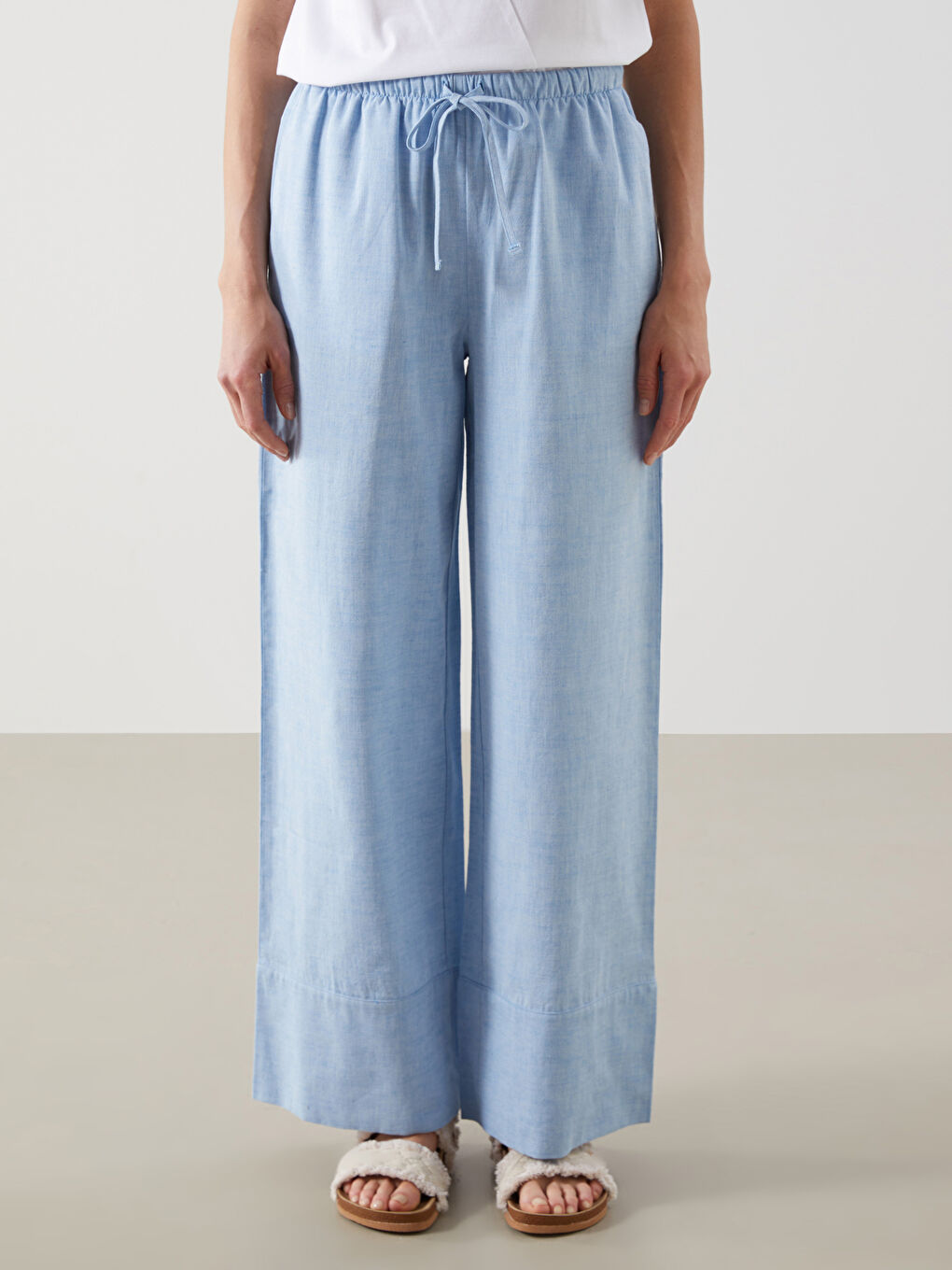 Mavi Beli Lastikli Keten Karışımlı Kadın Pantolon-1