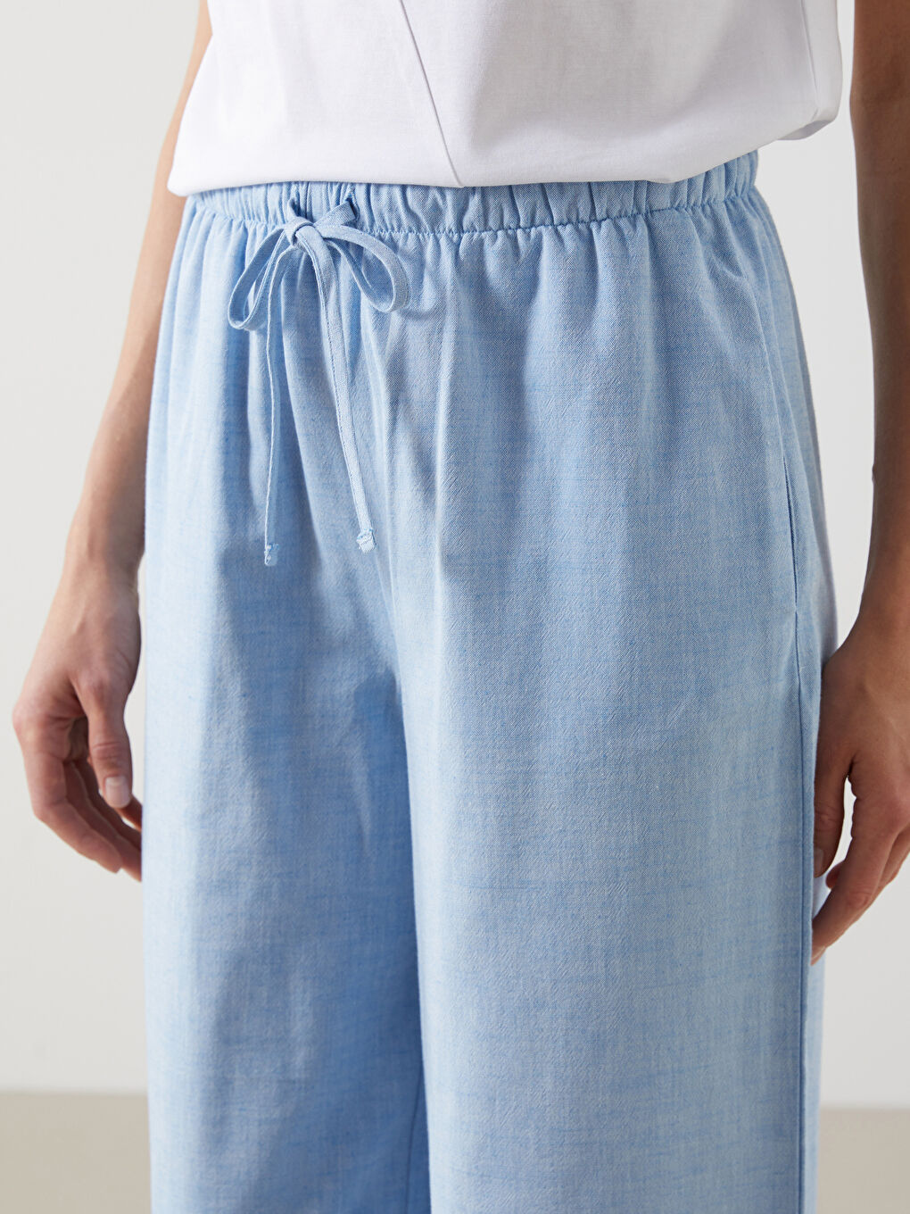 Mavi Beli Lastikli Keten Karışımlı Kadın Pantolon-2