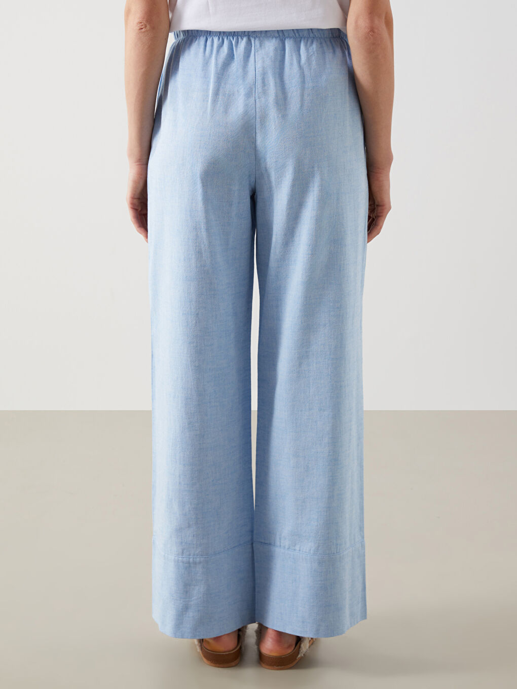 Mavi Beli Lastikli Keten Karışımlı Kadın Pantolon-3