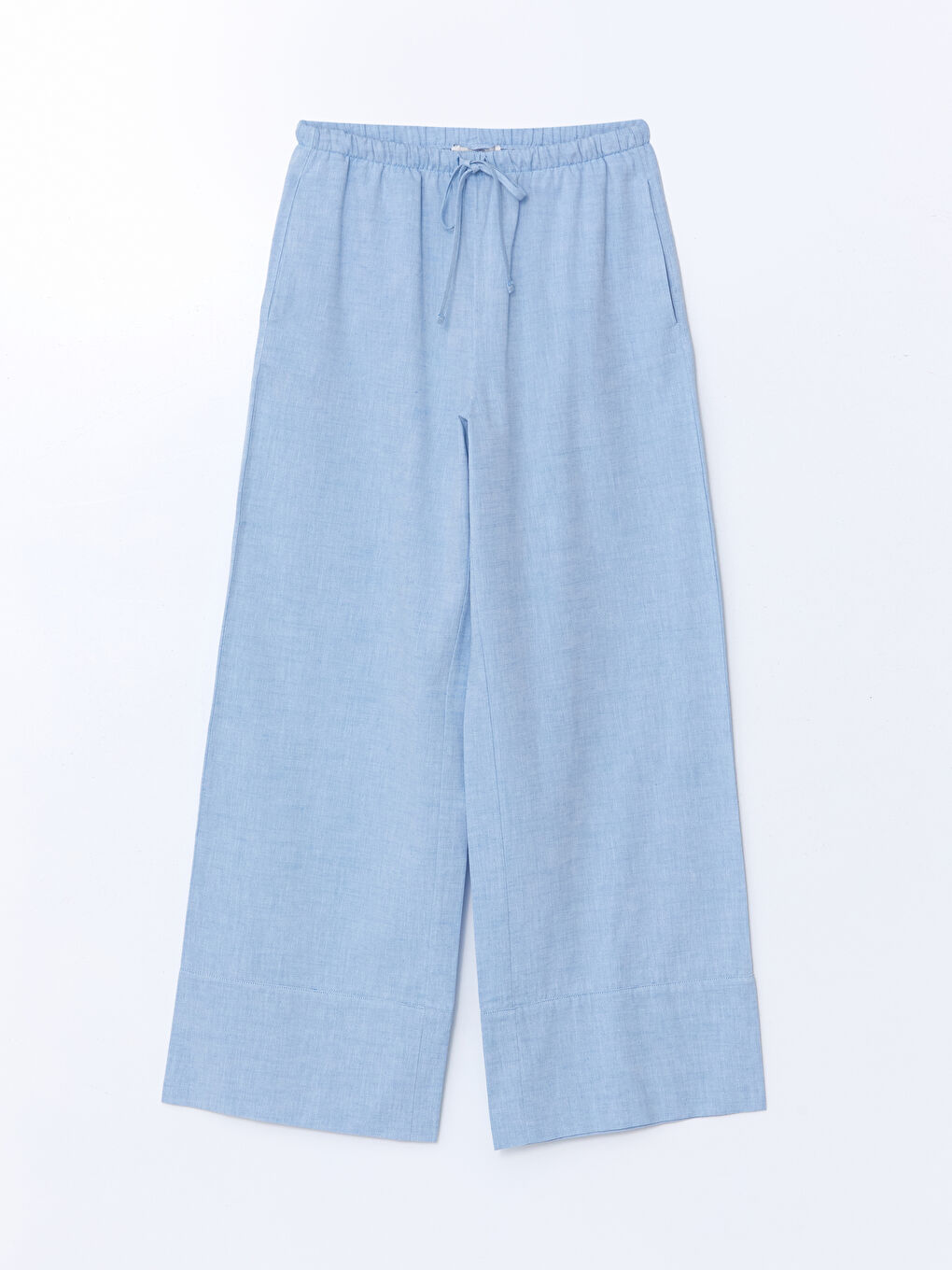 Mavi Beli Lastikli Keten Karışımlı Kadın Pantolon-4