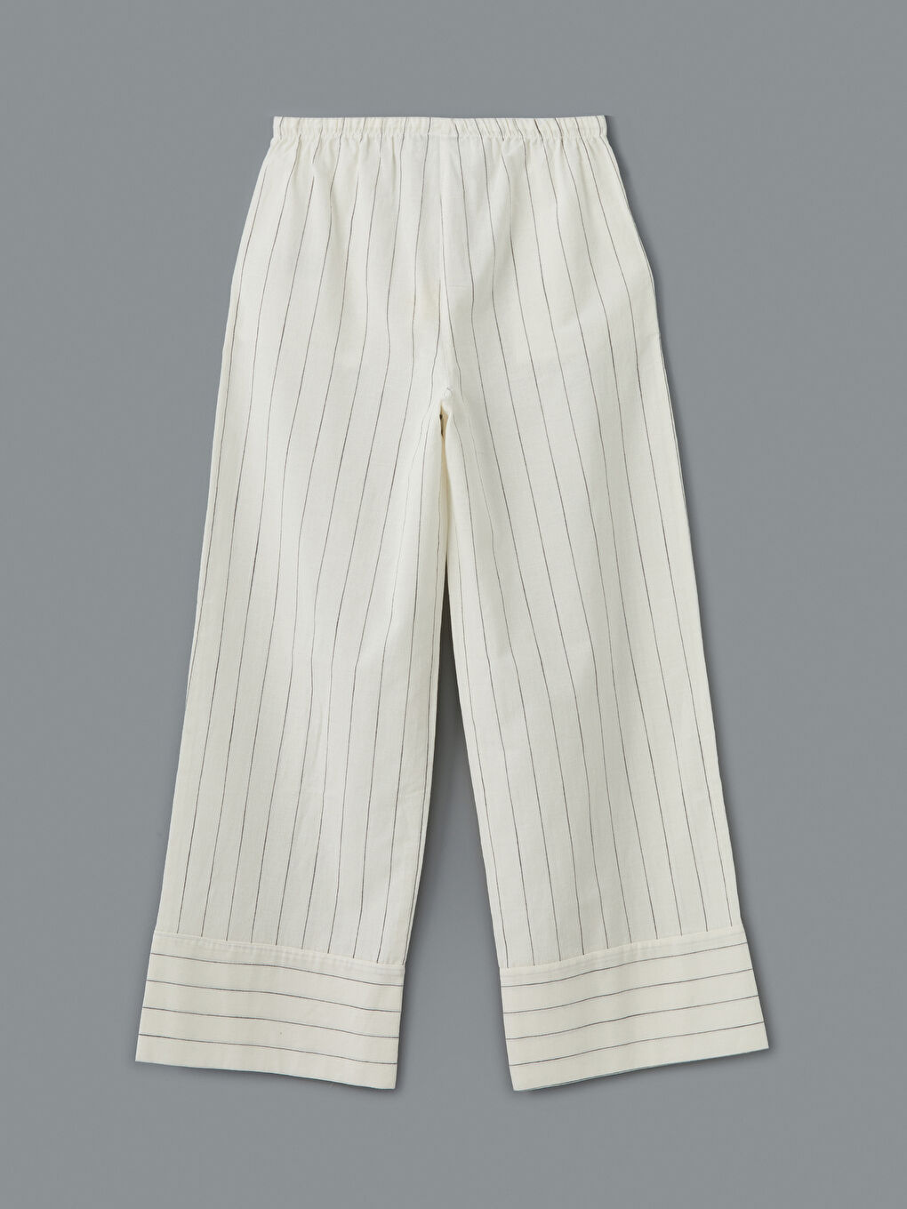 Siyah Beli Lastikli Çizgili Keten Karışımlı Kadın Pantolon-5