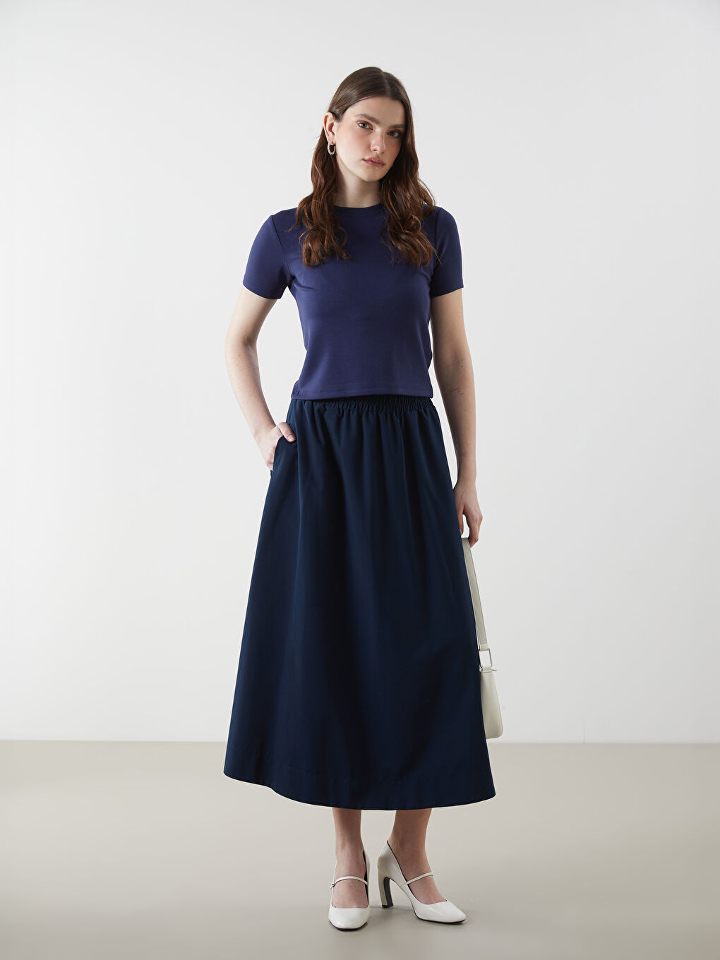 Lacivert Beli Lastikli Kadın Etek