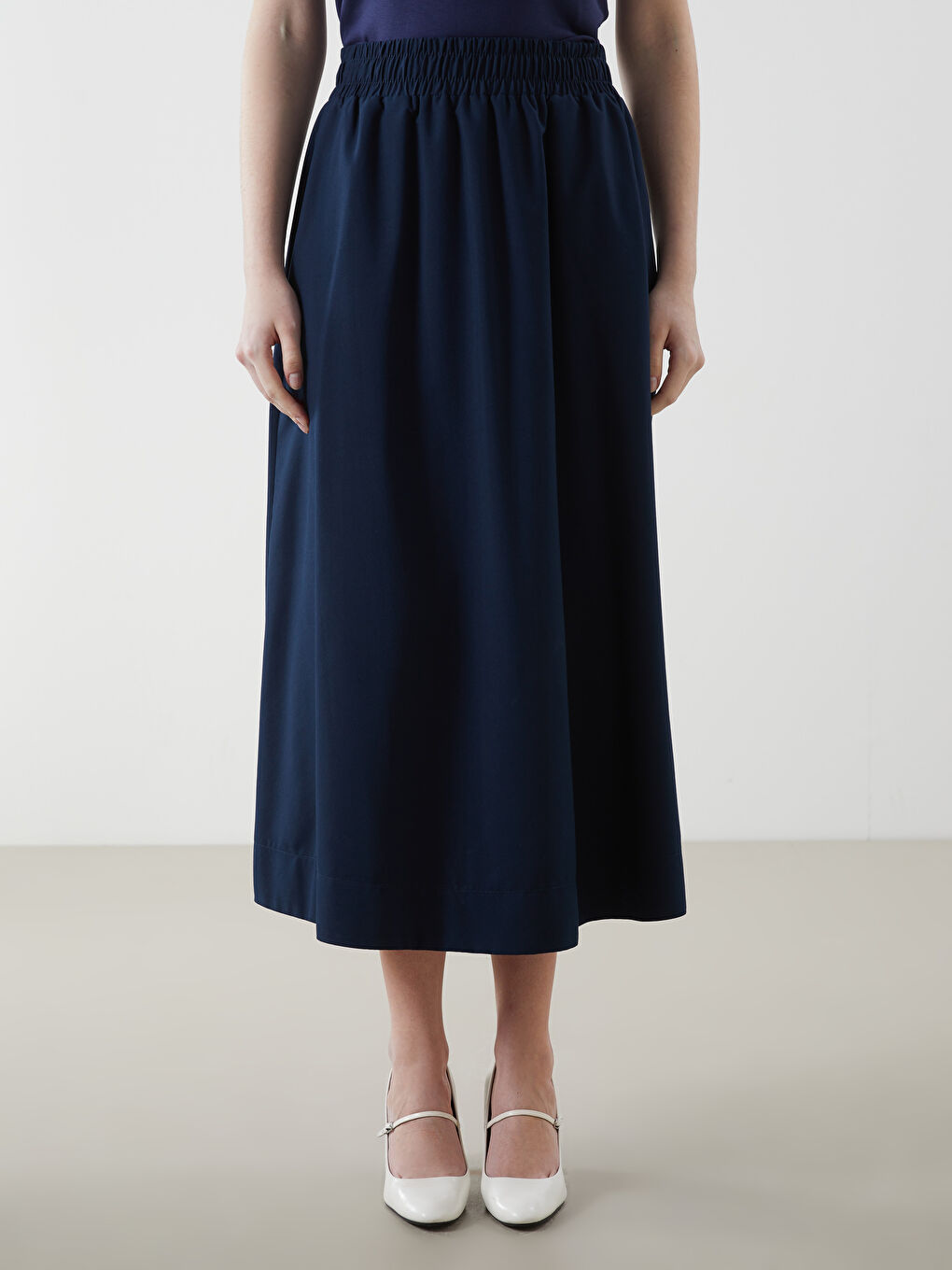 Lacivert Beli Lastikli Kadın Etek-1