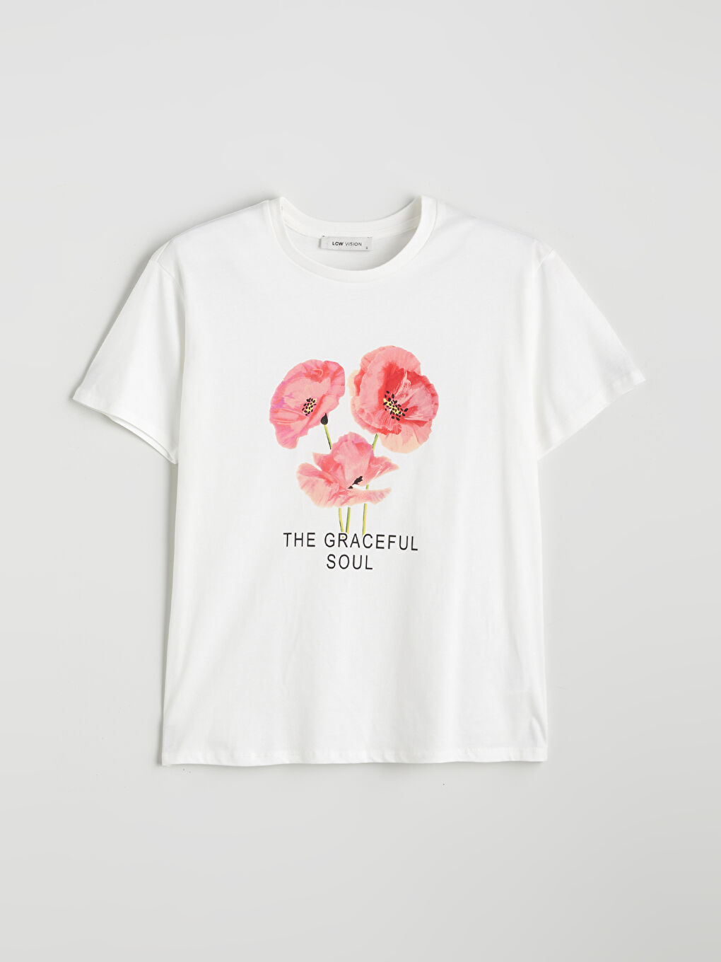 Ekru Bisiklet Yaka Çiçek Baskılı Kadın Tişört-4