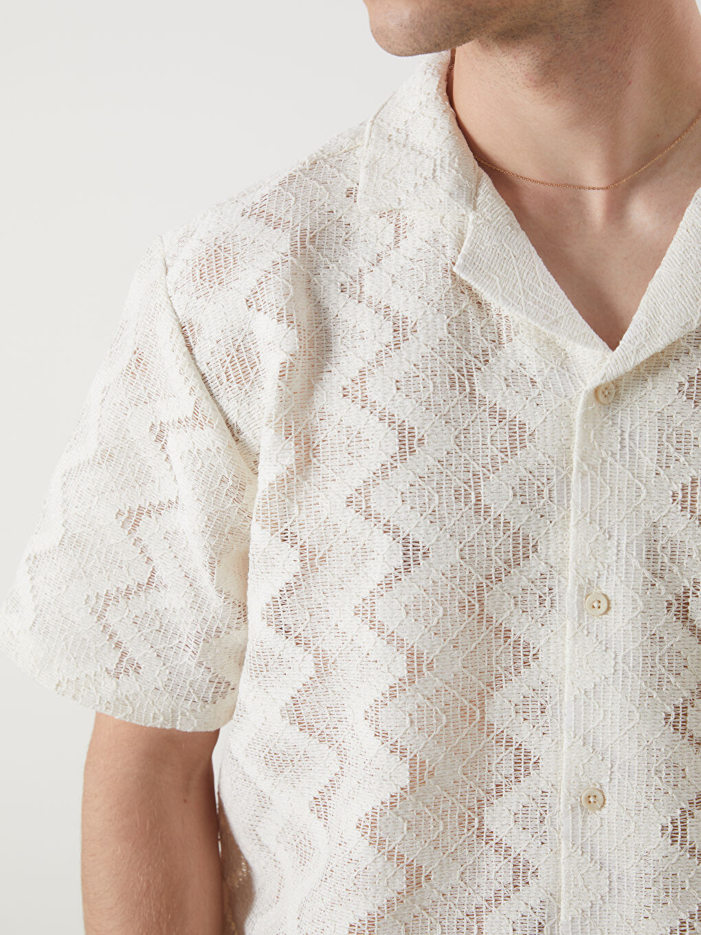 Ekru Regular Fit Kısa Kollu Armürlü Erkek Gömlek-2