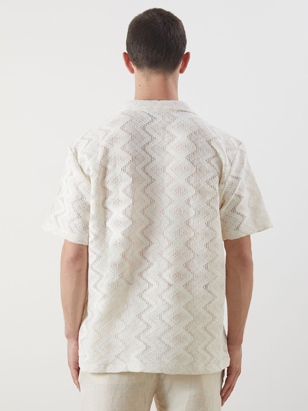 Ekru Regular Fit Kısa Kollu Armürlü Erkek Gömlek-3