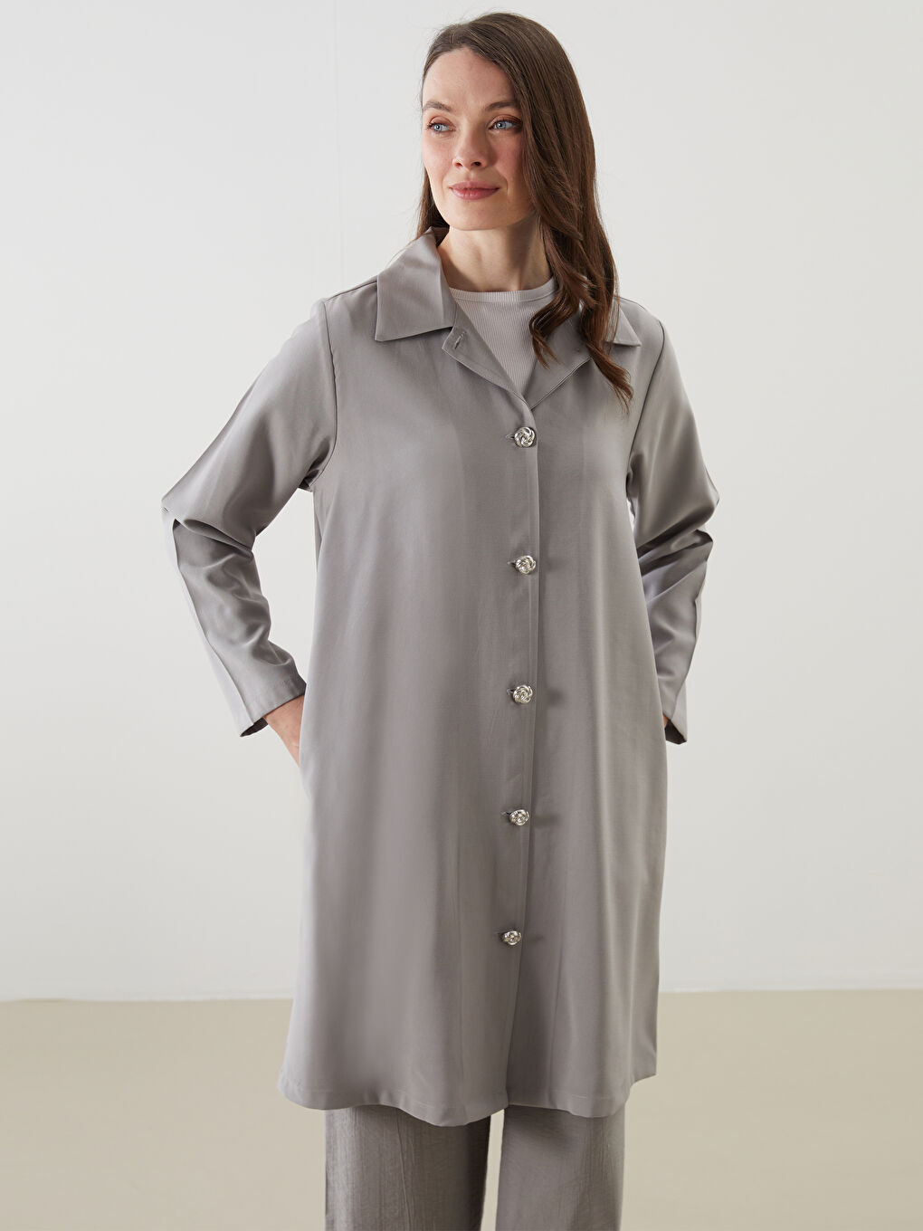 Gri Keten Görünümlü Kadın Gömlek Tunik