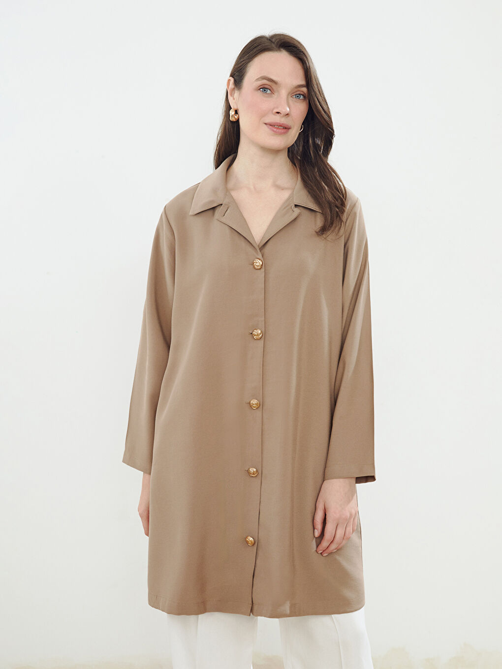 Bej Keten Görünümlü Kadın Gömlek Tunik