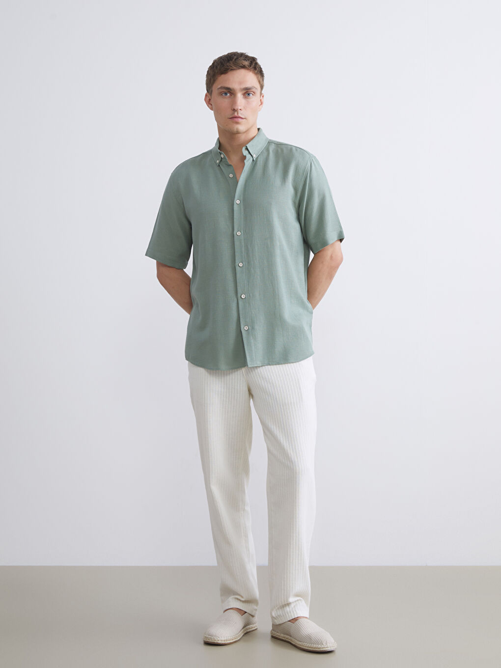 Yeşil Regular Fit Kısa Kollu Erkek Gömlek-1