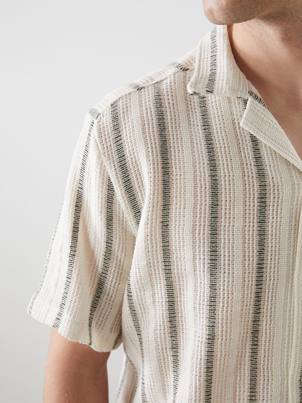 Yeşil Regular Fit Kısa Kollu Çizgili Erkek Gömlek-2