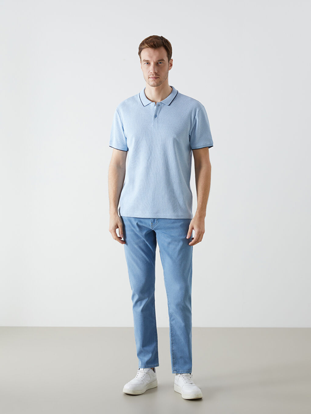 Mavi Polo Yaka Kısa Kollu Pike Erkek Tişört-1