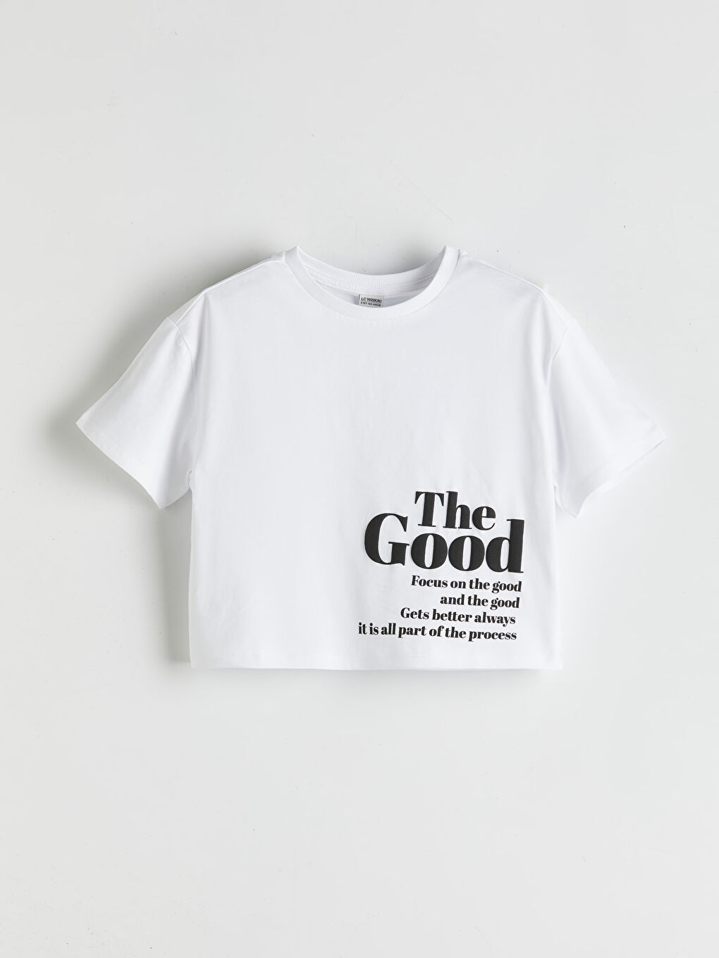 Beyaz Bisiklet Yaka Slogan Baskılı Kız Çocuk Tişört