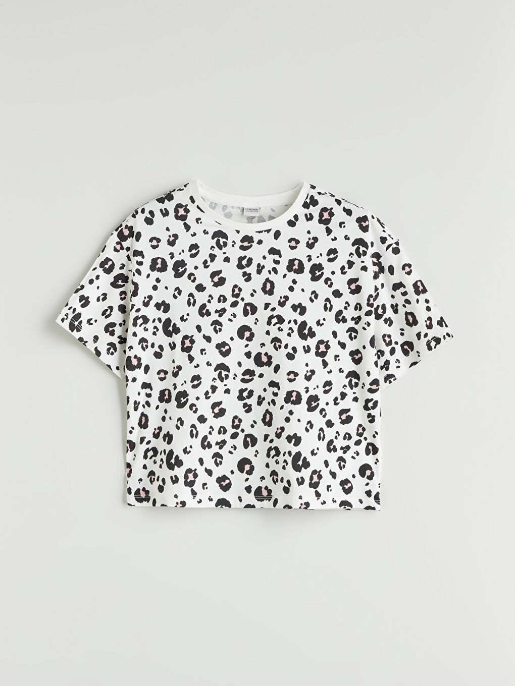 Ekru Bisiklet Yaka Leopar Desenli Kız Çocuk Crop Tişört