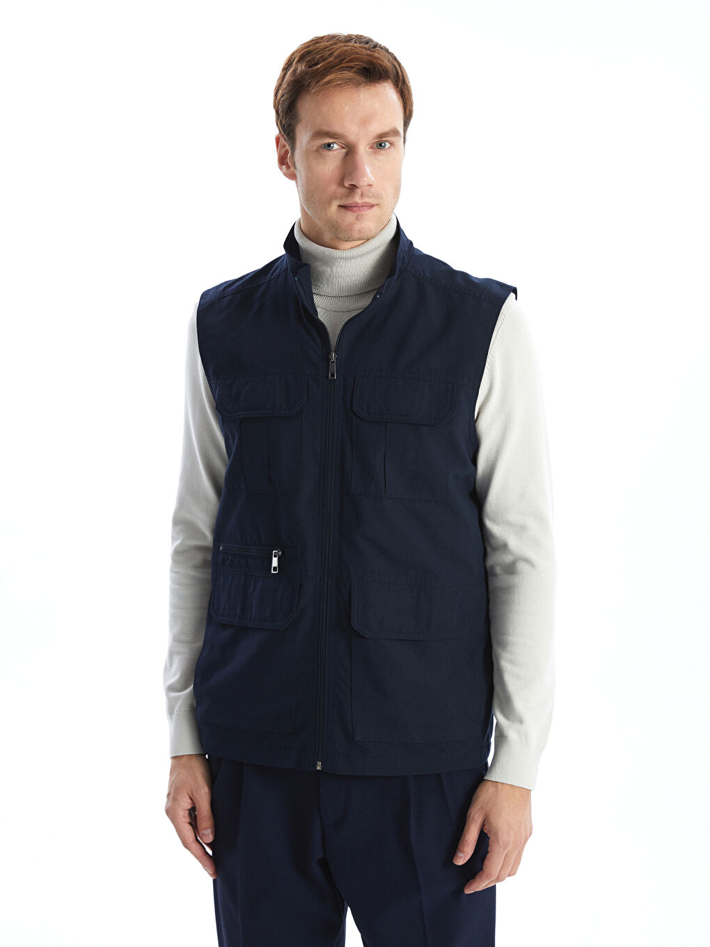 Lacivert Standart Kalıp Dik Yaka Erkek Avcı Yeleği