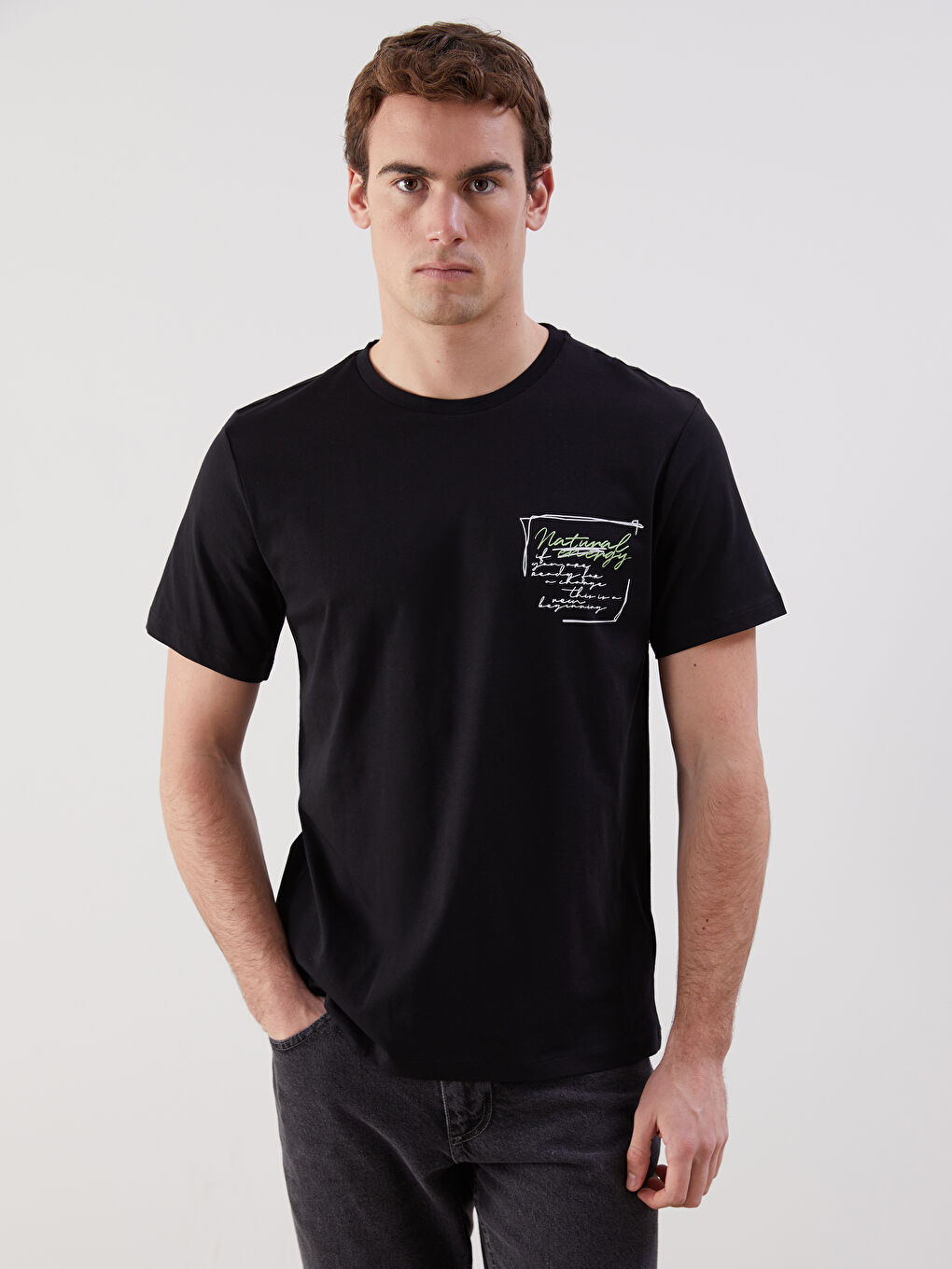 Siyah Bisiklet Yaka Kısa Kollu Baskılı Penye Erkek Tişört