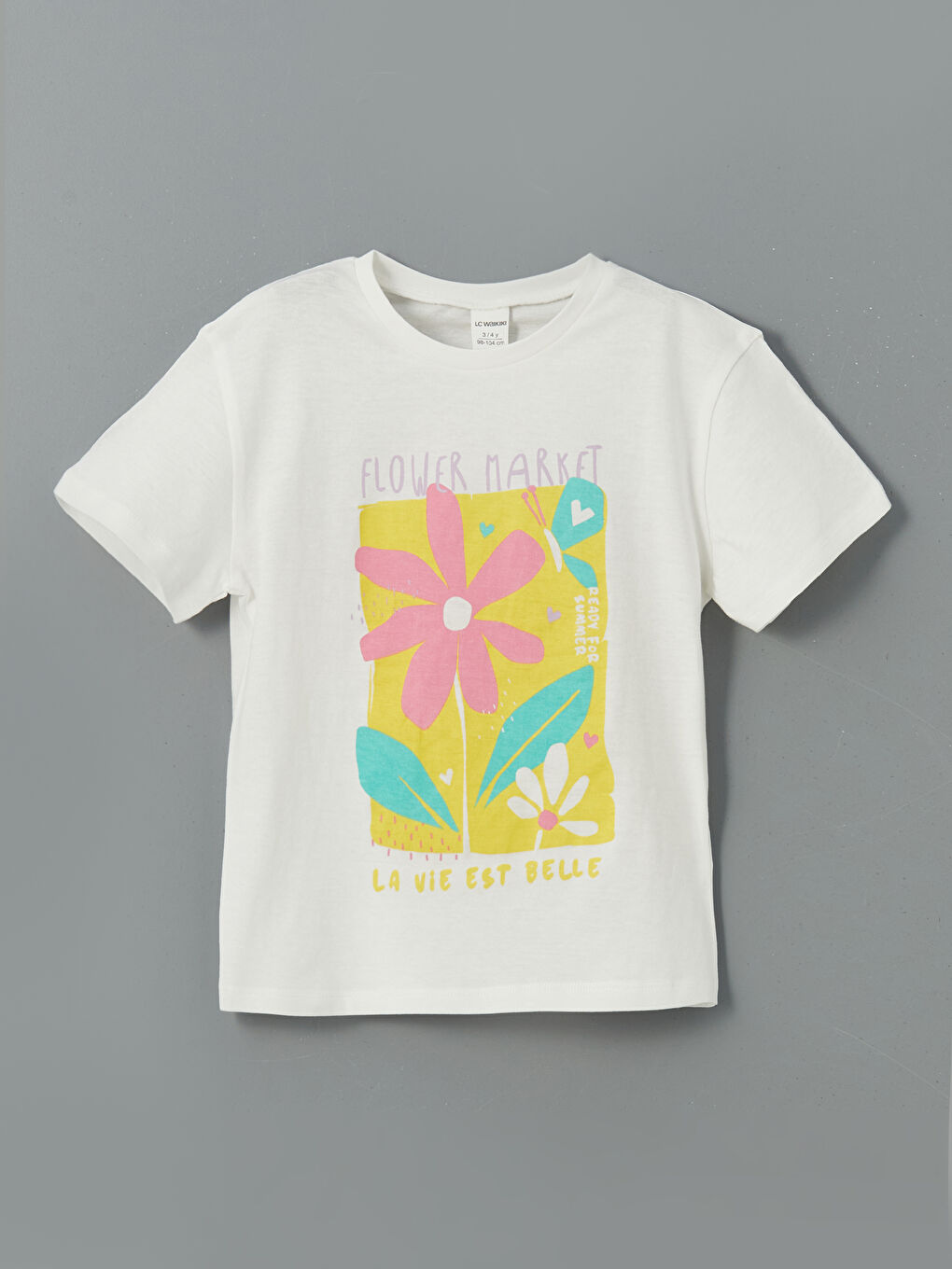 Ekru Bisiklet Yaka Çiçekli Kız Çocuk Tişört