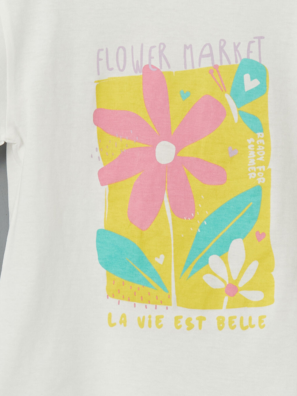 Ekru Bisiklet Yaka Çiçekli Kız Çocuk Tişört-1