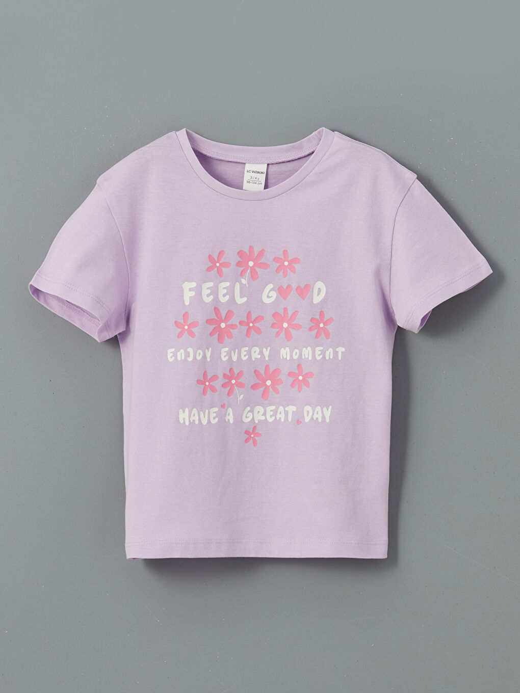 Lila Bisiklet Yaka Çiçekli Kız Çocuk Tişört