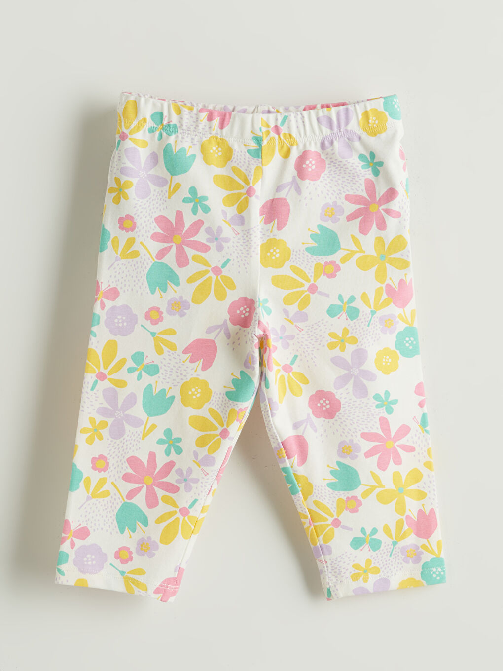 Ekru Çiçek Desenli Kız Çocuk Tayt