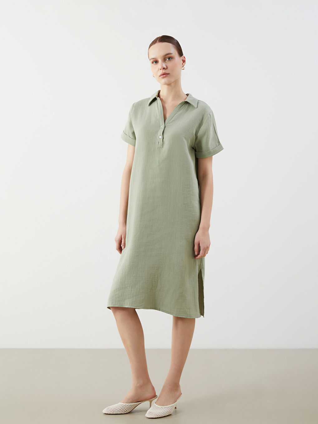 Yeşil Gömlek Yaka Müslin Elbise-1