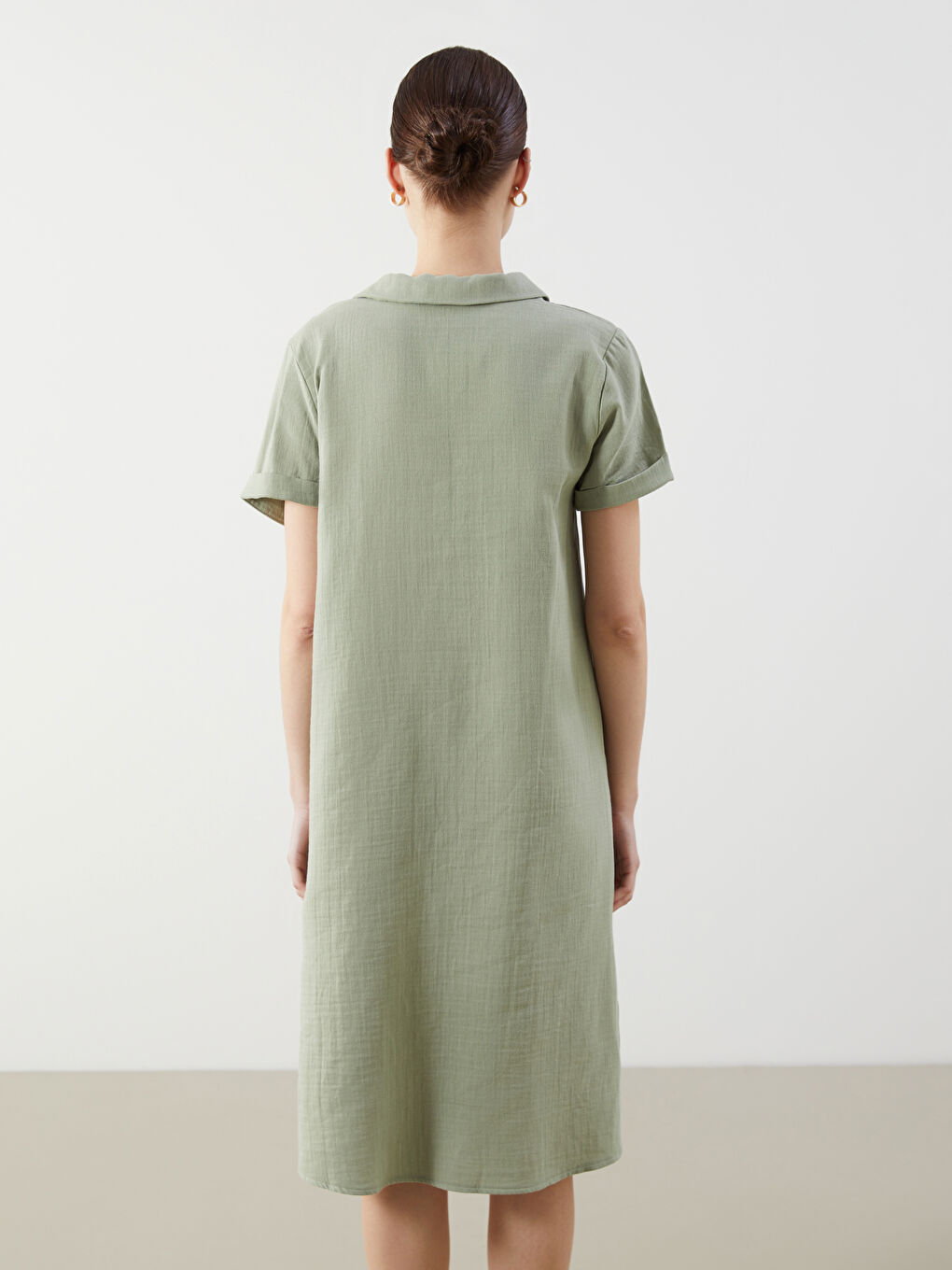 Yeşil Gömlek Yaka Müslin Elbise-3