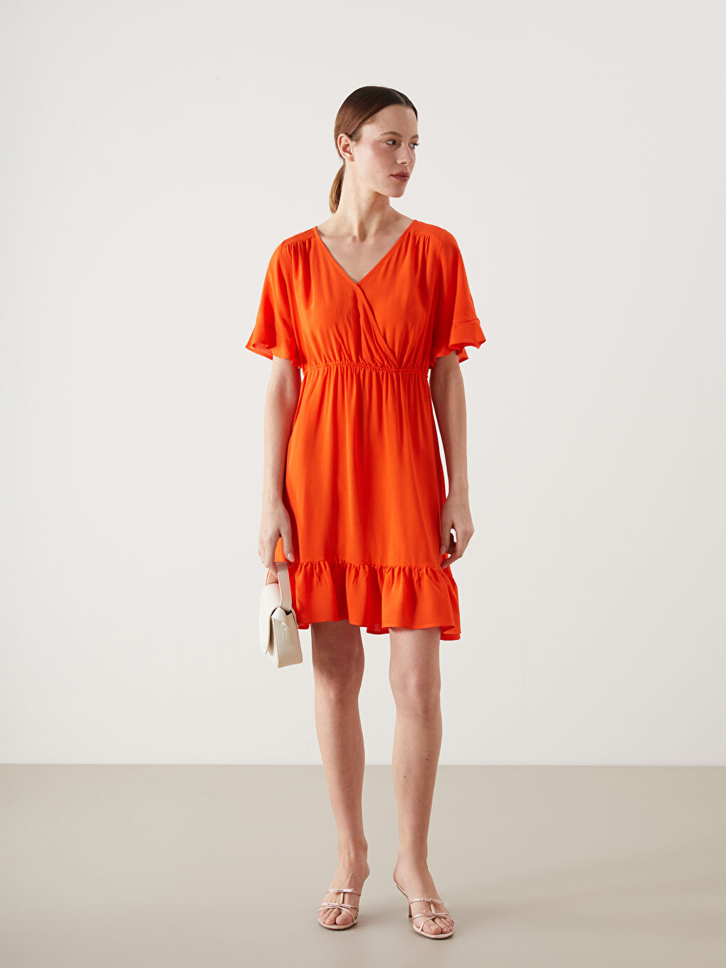 Turuncu Kruvaze Yaka Elbise-1