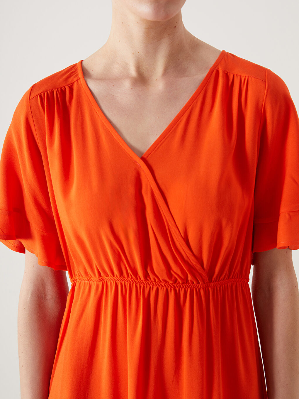 Turuncu Kruvaze Yaka Elbise-2