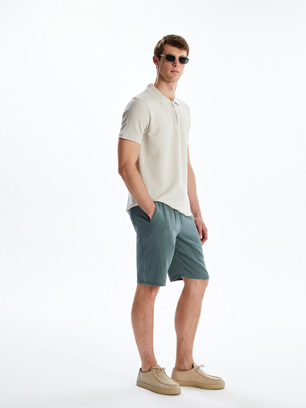 Petrol Slim Fit Beli Bağlama Detaylı Erkek Şort