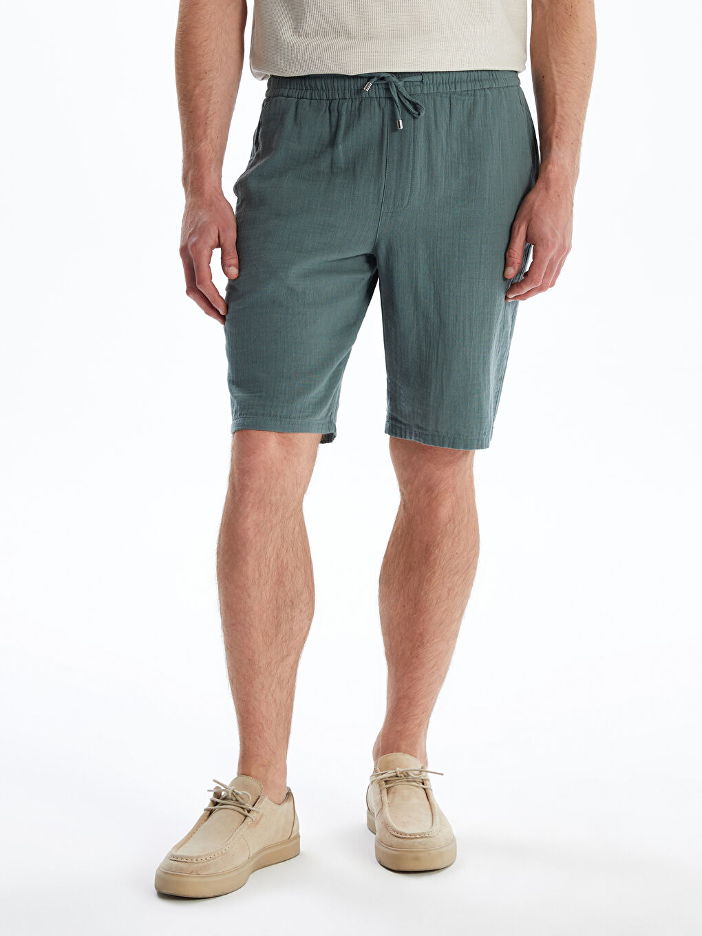 Petrol Slim Fit Beli Bağlama Detaylı Erkek Şort-3