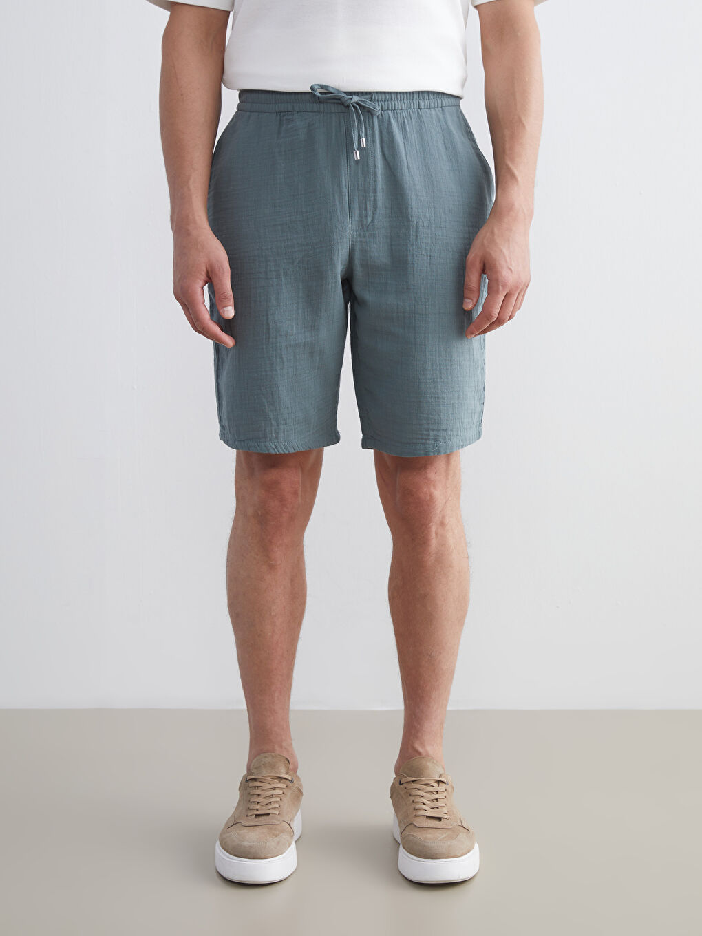 Petrol Slim Fit Beli Bağlama Detaylı Erkek Şort-2