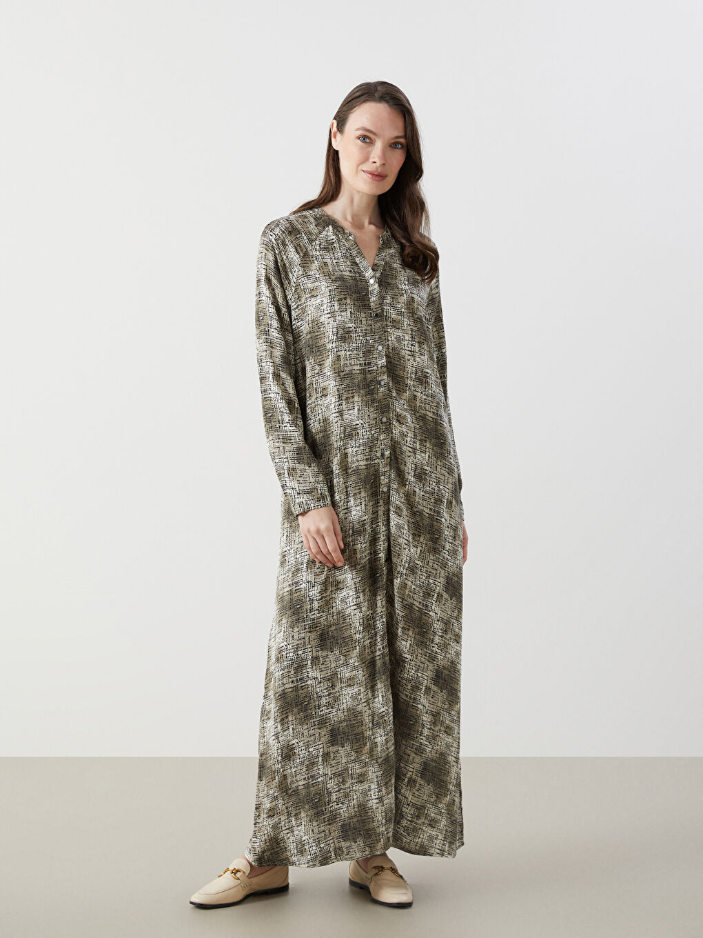 Yeşil Kaçık Yaka Desenli Kadın Gömlek Elbise