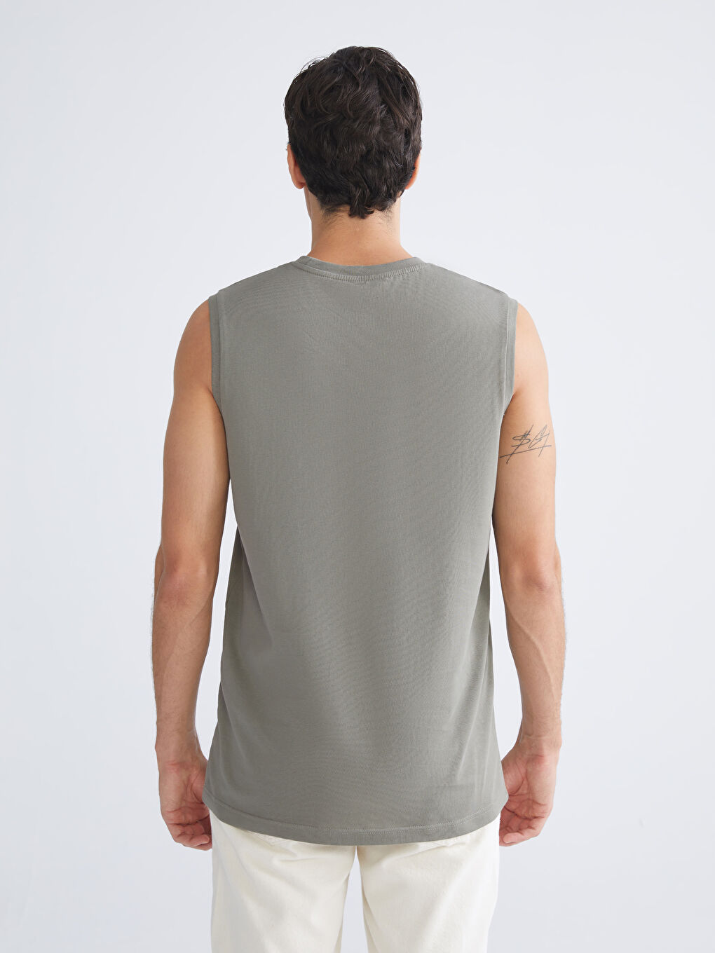 Haki Bisiklet Yaka Baskılı Erkek Kolsuz Tişört-3