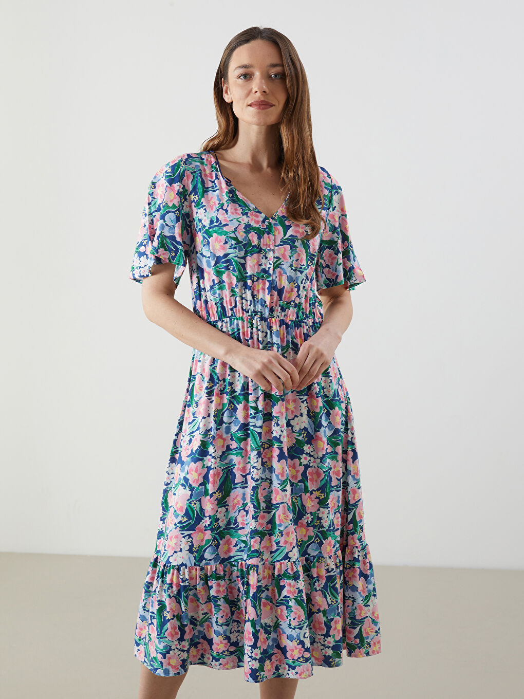 V-Neck Floral Women's Dress -S5IU86Z8-F9C