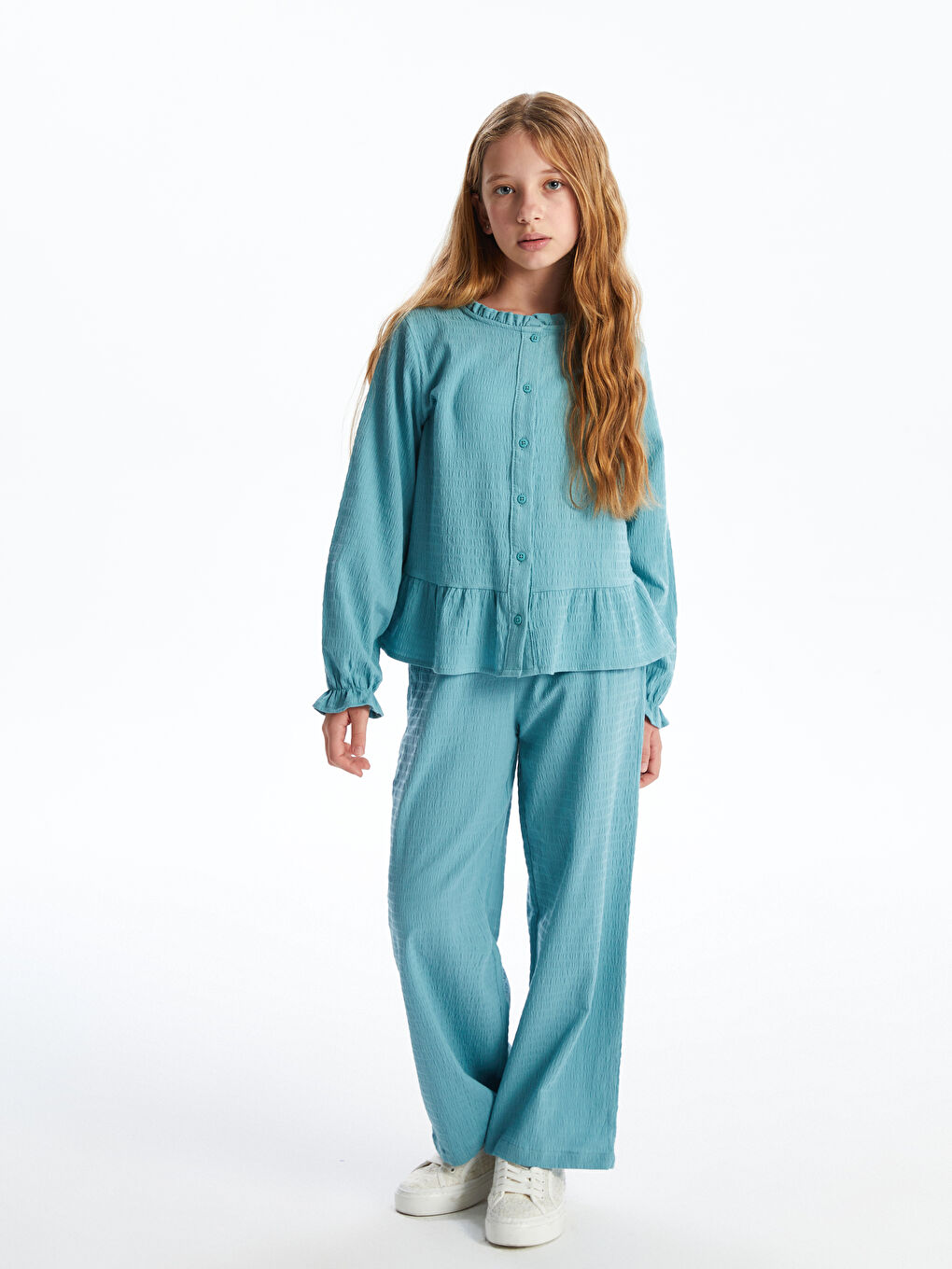 Yeşil Fırfır Detaylı Kız Çocuk Gömlek-1