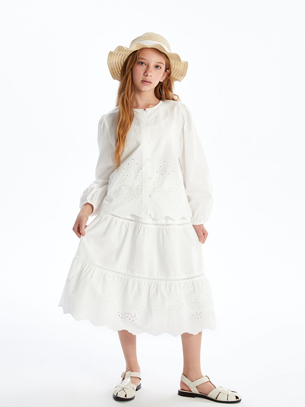 Ekru Bisiklet Yaka Fisto Detaylı Kız Çocuk Gömlek-1