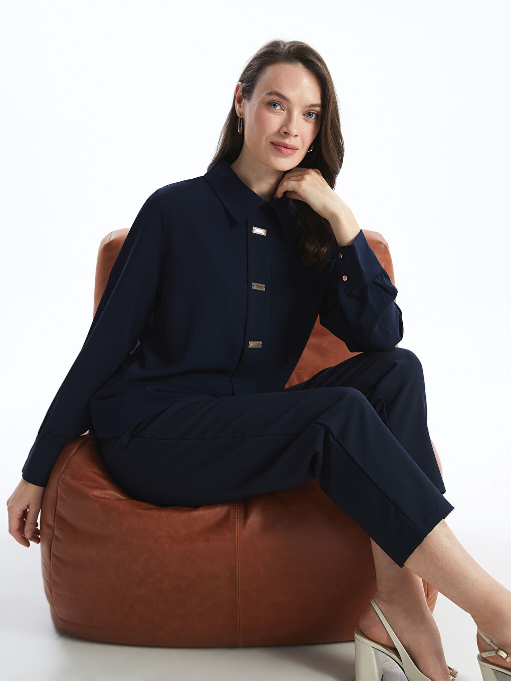 Lacivert Gömlek Yaka Düz Kadın Bluz