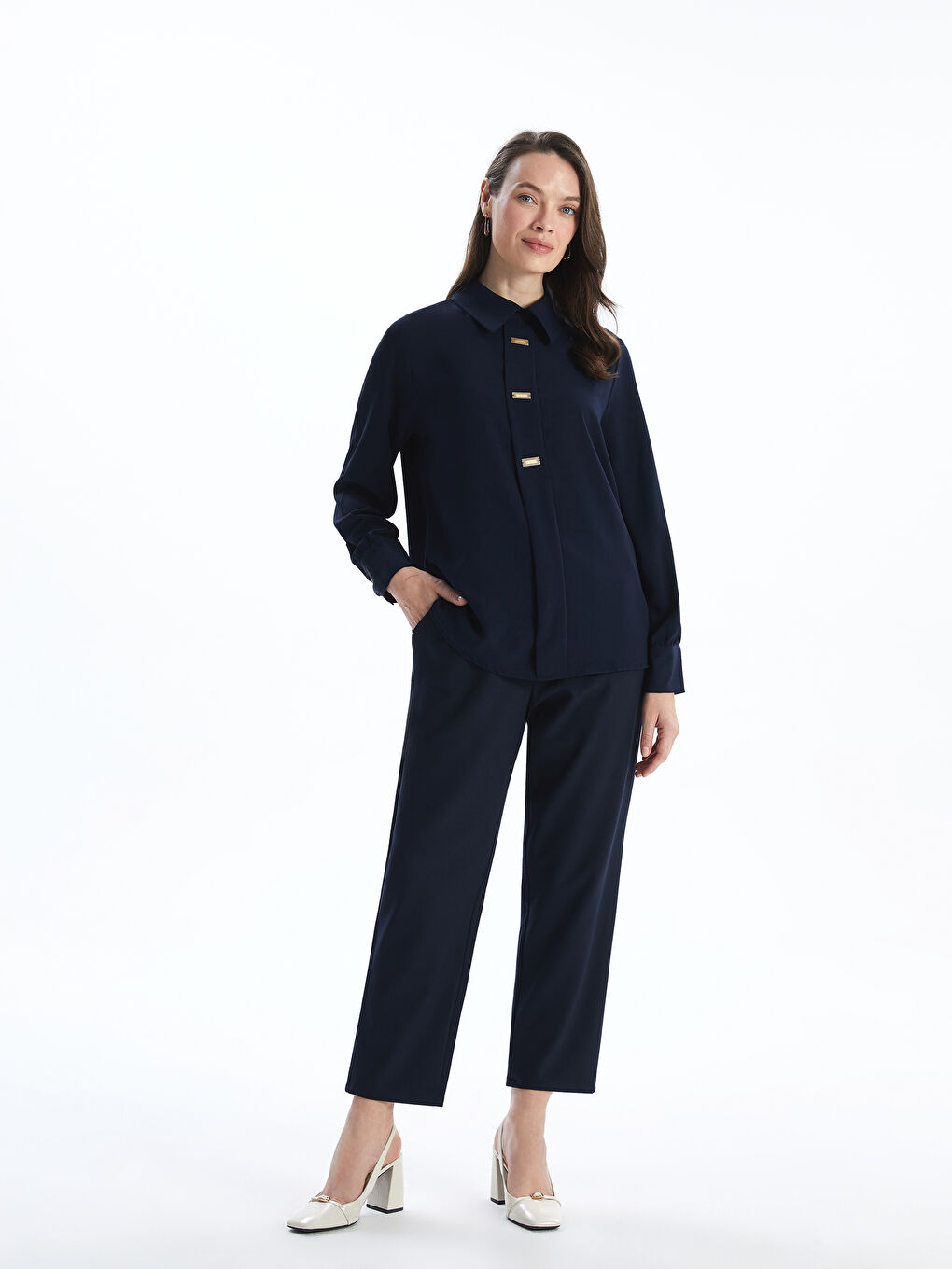 Lacivert Gömlek Yaka Düz Kadın Bluz-1