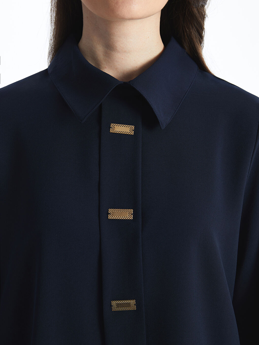 Lacivert Gömlek Yaka Düz Kadın Bluz-2