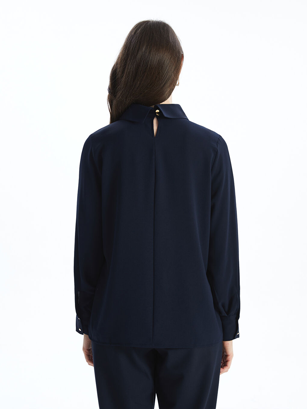 Lacivert Gömlek Yaka Düz Kadın Bluz-3