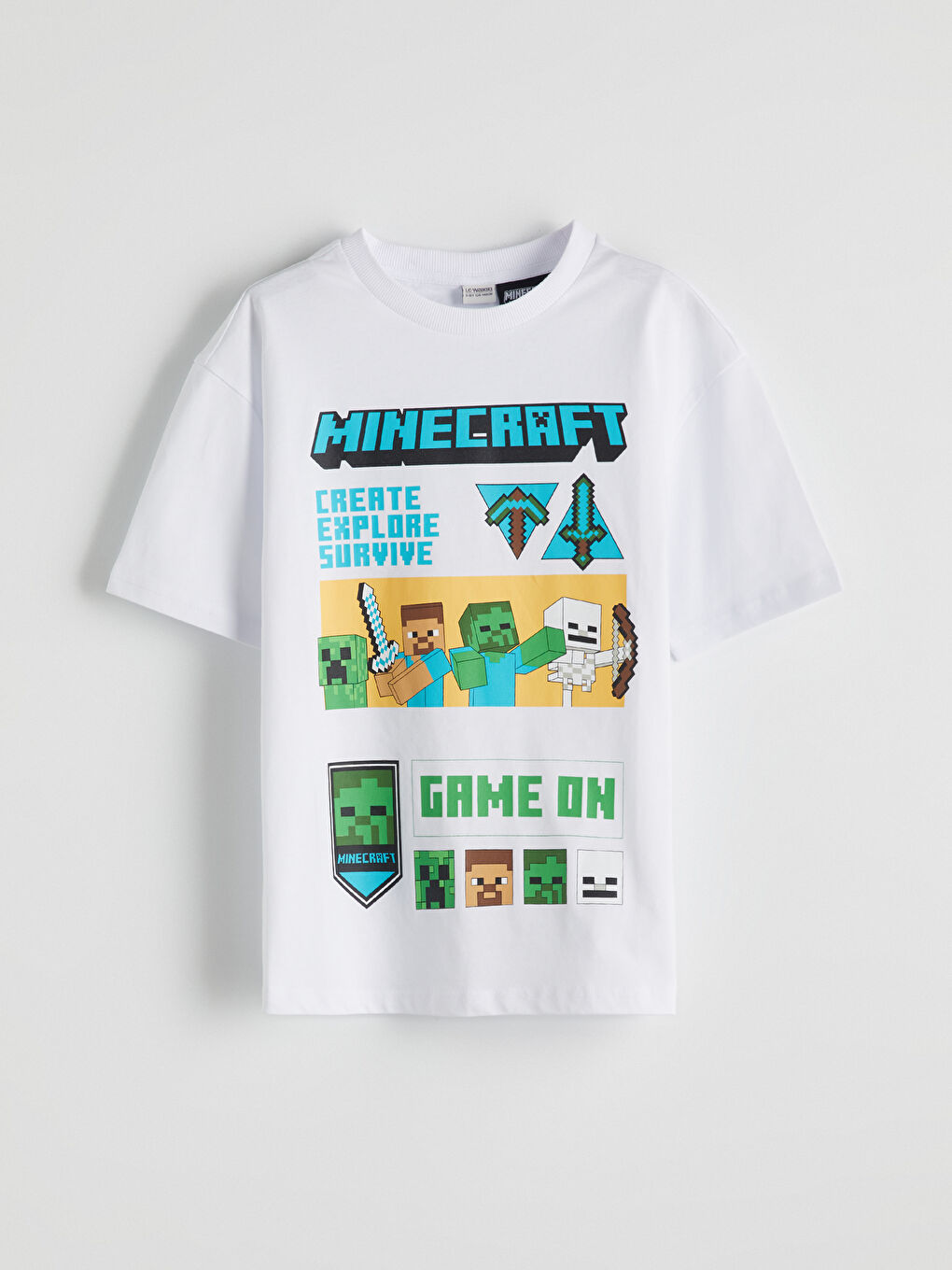 LCW Kids Beyaz Bisiklet Yaka Minecraft Baskılı Erkek Çocuk Tişört