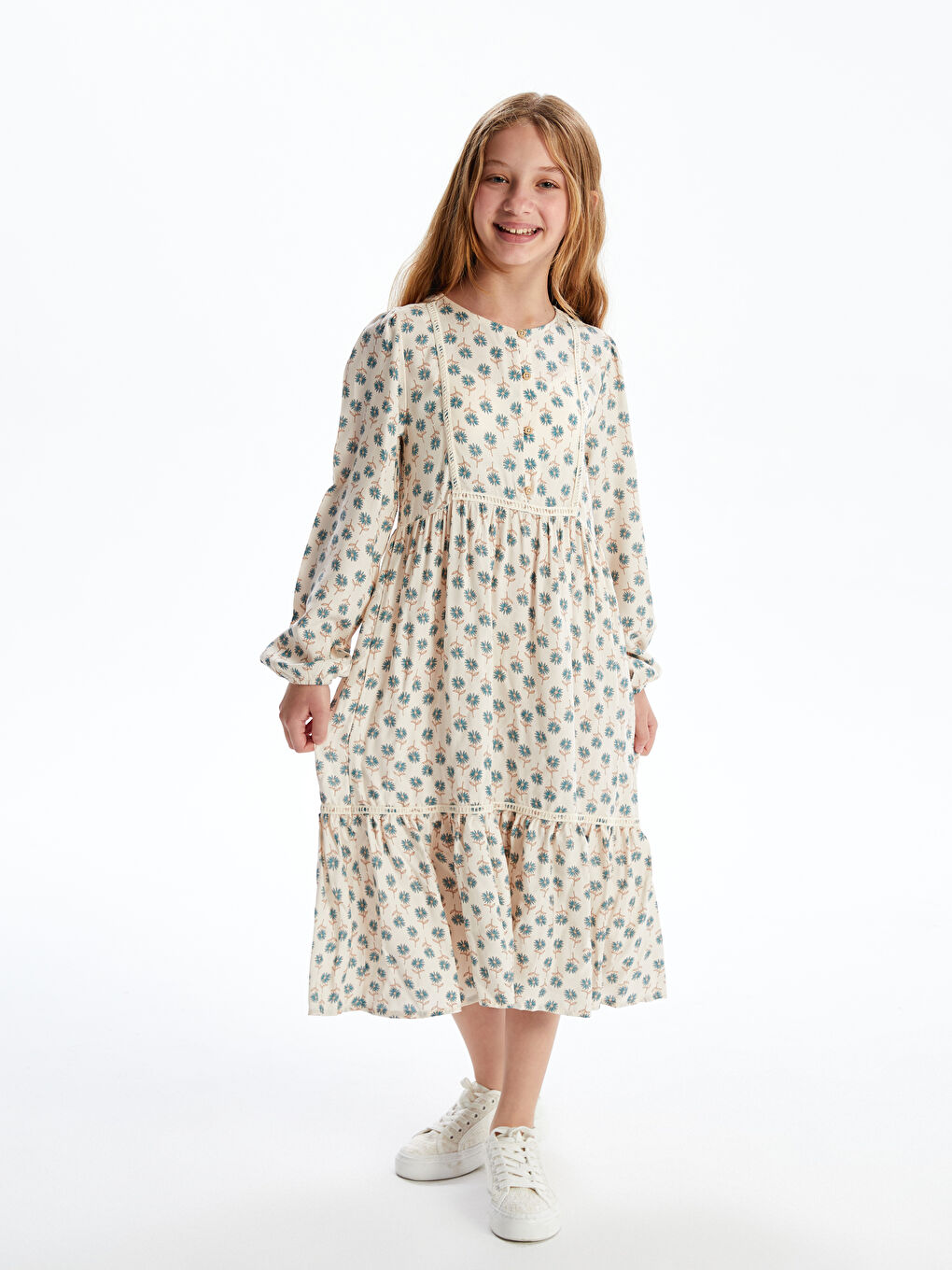 Ekru Bisiklet Yaka Çiçekli Kız Çocuk Elbise-1